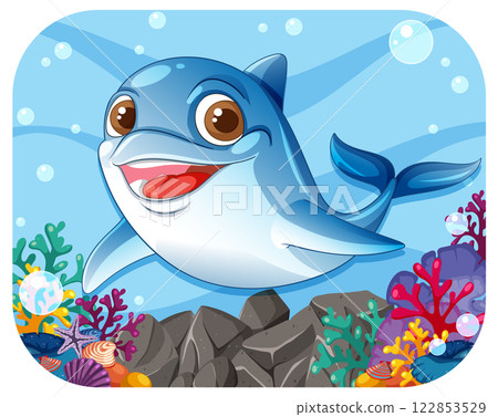 Cheerful Dolphin in Vibrant Coral Reef Cheerful Dolphin in Vibrant Coral Reef 122853529