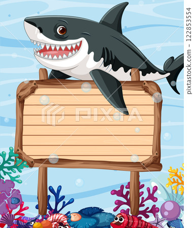Shark and Coral Reef Signboard Shark and Coral Reef Signboard 122853554