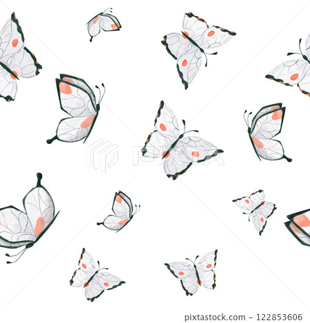 Floral Seamless Pattern with White Butterflies in Flight, Watercolor Illustration, Ready Template for Printing on Fabric, Paper, Wrapping Floral Seamless Pattern with White Butterflies in Flight, Watercolor Illustration, Ready Template for Printing on Fabric, Paper, Wrapping 122853606