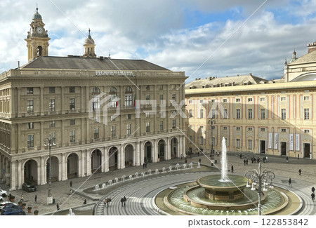 Piazza Ferrari with fountain in Genoa. Buildings and architecture of old town. View from above on sunny winter day in 2025. Piazza Ferrari with fountain in Genoa. Buildings and architecture of old town. View from above on sunny winter day in 2025. 122853842