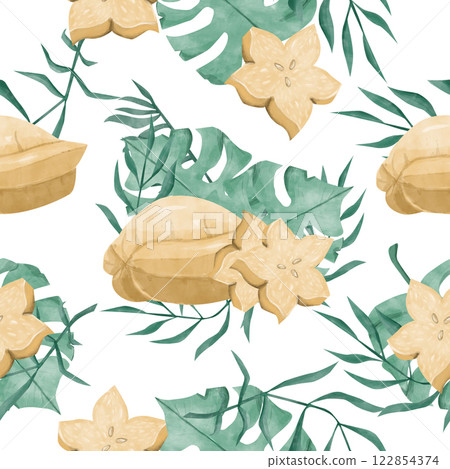 Floral Seamless Pattern with Starfruit and Leaves, Watercolor Illustration, Ready Template for Printing on Fabric, Paper, Wrapping 122854374