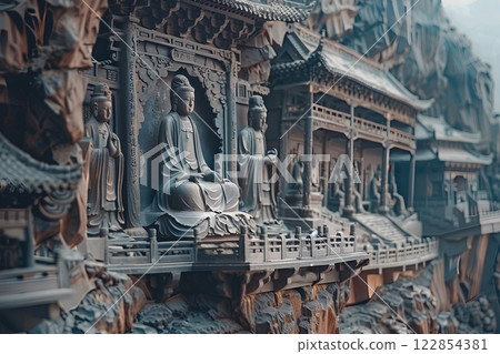 The Dazu Rock Carvings, a World Heritage Site, is a Chinese stone carving art in Chongqing, China. 122854381