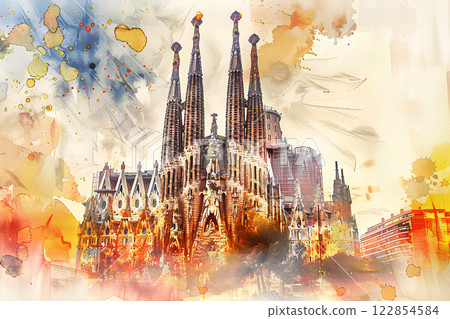 世界遺產:西班牙聖家堂(水彩畫) 世界遺產:西班牙聖家堂(水彩畫) 122854584