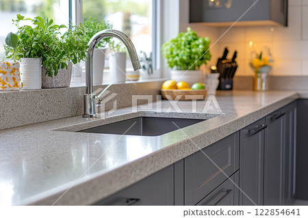 Modern kitchen countertop with sink, herbs, and grey cabinets 122854641