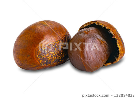 Closeup view of roasted chesnut and peeled isolated on white background. 122854822
