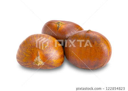 Closeup view of three roasted chestnutd isolated on white background. 122854823