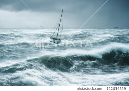 Sailing ship at sea. 122854839