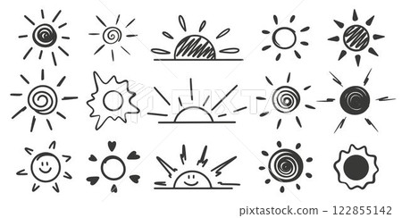 Ink set sun doodle sketch style 122855142