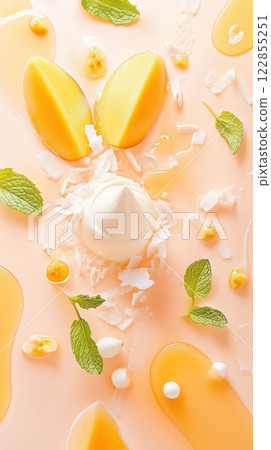 Mango mousse with coconut flakes and fresh fruit on a pastel-toned backdrop creates a light and airy dessert display 122855251