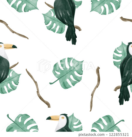 Floral Seamless Pattern with Toucan and Leaves, Watercolor Illustration, Ready Template for Printing on Fabric, Paper, Wrapping Floral Seamless Pattern with Toucan and Leaves, Watercolor Illustration, Ready Template for Printing on Fabric, Paper, Wrapping 122855321