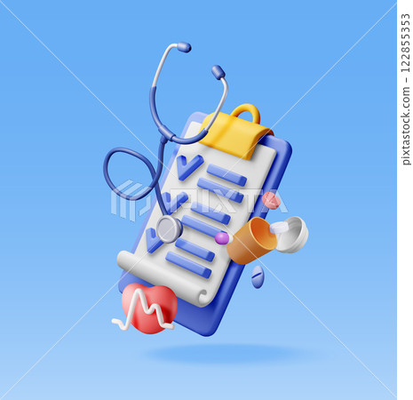 3d clipboard with check, stethoscope and pills 122855353