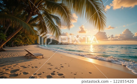 Stunning Tropical Sea Beach Sunset with Vibrant Clouds and Calm Waters. 122855420
