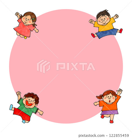 Jumping children copy space (pink) 122855459