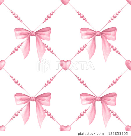 Coquette Bows, beads and hearts in pastel pink color. Isolated watercolor seamless pattern of pendants diagonally hand drawn for cutecore, romantic design, textile, wrapping and scrapbooking paper. Coquette Bows, beads and hearts in pastel pink color. Isolated watercolor seamless pattern of pendants diagonally hand drawn for cutecore, romantic design, textile, wrapping and scrapbooking paper. 122855505