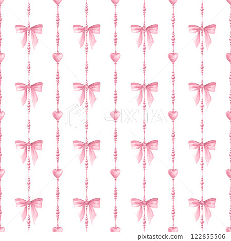 Coquette Bows, beads and hearts in pastel pink color. Isolated watercolor seamless pattern of pendants hand drawn for cutecore, girl, romantic design, textile, wrapping, fabric and scrapbooking paper. 122855506
