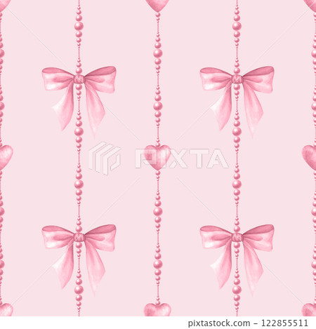 Coquette Bows, beads and hearts in pastel pink color. Watercolor seamless pattern of pendants hand drawn on pink for cutecore, girl, romantic design, textile, wrapping, fabric and scrapbooking paper. 122855511