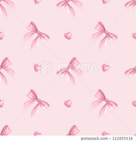 Coquette Bows and hearts in pastel pink color. Watercolor seamless pattern hand drawn on pink for cutecore, girls style, romantic greeting design, textile, wrapping, fabric and scrapbooking paper. 122855516