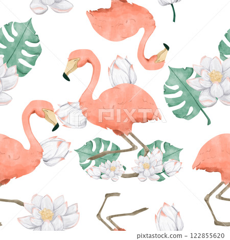 Floral Seamless Pattern with Flamingo and Lotus Flower, Watercolor Illustration, Ready Template for Printing on Fabric, Paper, Wrapping Floral Seamless Pattern with Flamingo and Lotus Flower, Watercolor Illustration, Ready Template for Printing on Fabric, Paper, Wrapping 122855620