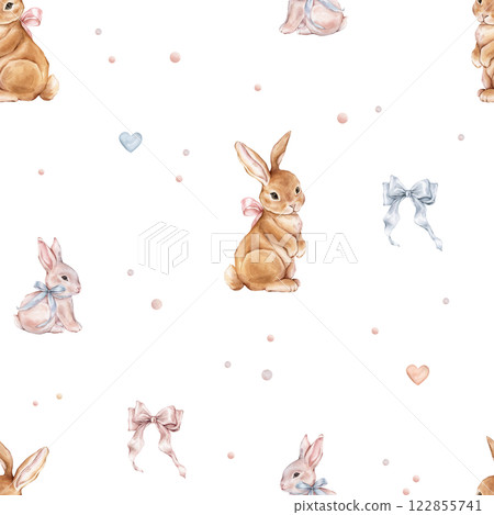 Watercolor seamless pattern with cute white rose bunny and red rabbit with blue bow and polka dots. Repeat pattern pastel color. Tender watercolor hand drawn illustration for holiday or kids design. Watercolor seamless pattern with cute white rose bunny and red rabbit with blue bow and polka dots. Repeat pattern pastel color. Tender watercolor hand drawn illustration for holiday or kids design. 122855741