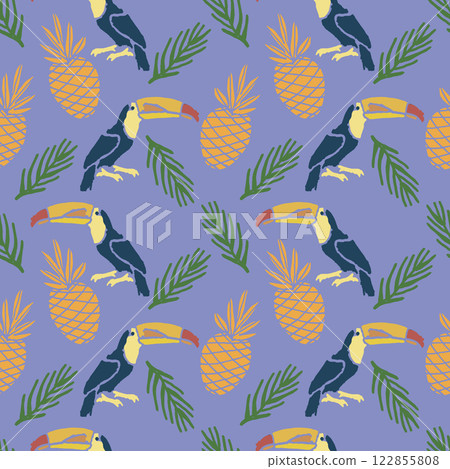 Vector seamless pattern. A tropical scene with a bird and a pineapple. Vector seamless pattern. A tropical scene with a bird and a pineapple. 122855808