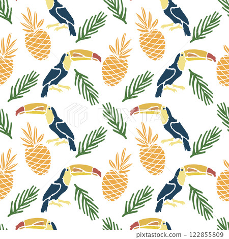 Vector seamless pattern. A tropical scene with a bird and a pineapple. Vector seamless pattern. A tropical scene with a bird and a pineapple. 122855809