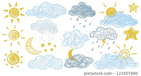 Hand drawn chalk set clouds, sun, moon, stars, snow, rain 122855880
