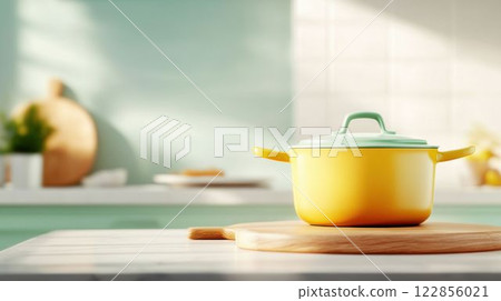 Cast Iron Half-Galbert Pot on a Minimalist Kitchen Table 122856021