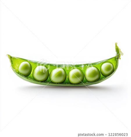 Fresh Green Peas in Open Pod Isolated on White Background 122856023