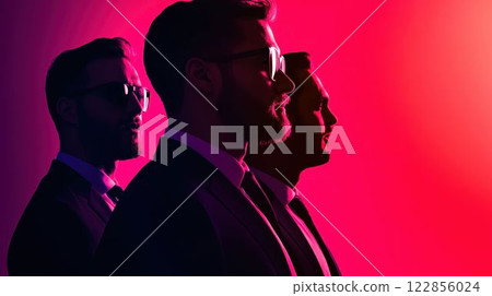 Silhouettes of Men in Sunglasses on Bright Background 122856024