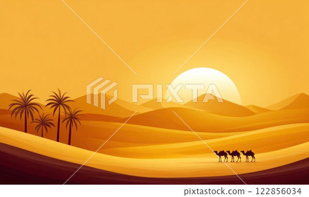 Camel Caravan Crossing Golden Desert at Sunset 122856034