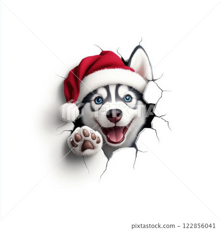 Husky Dog in Santa Hat Peeking Through Wall 122856041
