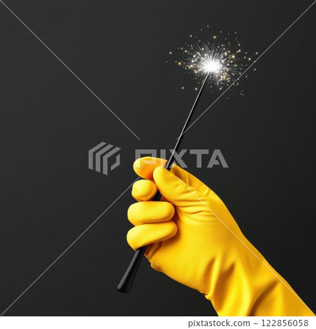 Hand in Yellow Glove Holding a Magic Wand with Sparkles 122856058