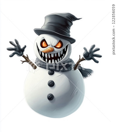 Creepy Snowman Character with Melting and Evil Expressions 122856059