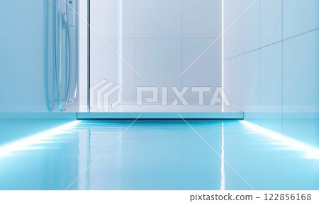 Hightech Bathroom with Illuminated Water Flow and Transparent Pipes 122856168