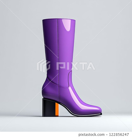 Glossy Purple High-Heeled Boots with Colorful Accents 122856247