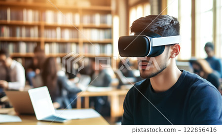 A kid boy learns online using futuristic technology. The concept of the integration of advanced digital tools in education, and learning experiences for the future generation. Generative AI. A kid boy learns online using futuristic technology. The concept of the integration of advanced digital tools in education, and learning experiences for the future generation. Generative AI. 122856416