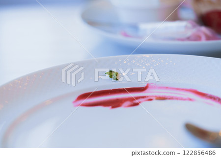 白色盤子和紅色水果醬作為甜點 白色盤子和紅色水果醬作為甜點 122856486