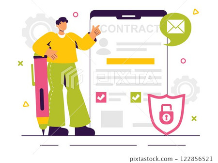 Smart Contract Vector Illustration featuring an Electronic Contract, Digital Document, and Online User Agreement with a Secure Digital Signature Smart Contract Vector Illustration featuring an Electronic Contract, Digital Document, and Online User Agreement with a Secure Digital Signature 122856521