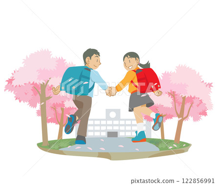 沿著櫻花樹行進的小學生 122856991