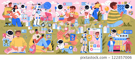 AI Co-Parent concept. This illustration portrays how AI can assist families in daily tasks and learning. It highlights the interaction between technology and family life, emphasizing support in 122857006