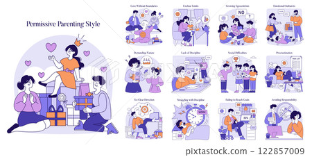 Permissive parenting style illustrates a hands-off approach where boundaries are loose, leading to challenges like emotional outbursts and social difficulties. It raises awareness on children's 122857009