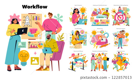 Workflow illustration emphasizing the steps of project management and teamwork. It highlights inspiration, analysis, goal setting, brainstorming, overcoming challenges, and celebrating success. Vector Workflow illustration emphasizing the steps of project management and teamwork. It highlights inspiration, analysis, goal setting, brainstorming, overcoming challenges, and celebrating success. Vector 122857013