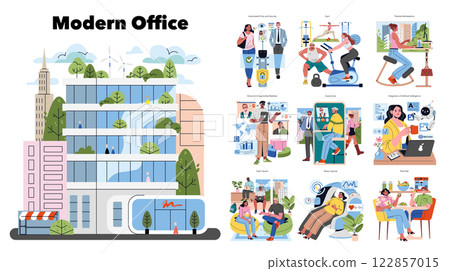 Modern office environment designed for productivity and wellness. Features flexible workstations, gym facilities, and technology integration. Highlights collaboration zones and healthy lifestyle 122857015