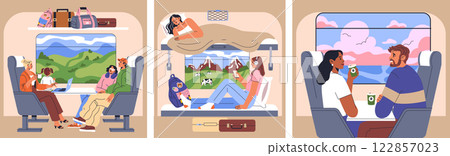 Train Travel concept. Diverse experiences of travelers in a train setting. Engaging scenes highlighting camaraderie, relaxation, and scenic views create a sense of adventure and comfort on the journey 122857023