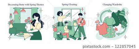 Spring activities are highlighted through home decoration, cleaning routines, and wardrobe changes. Families engage in refreshing spaces and clothing, embracing the joy of the season. Vector 122857045