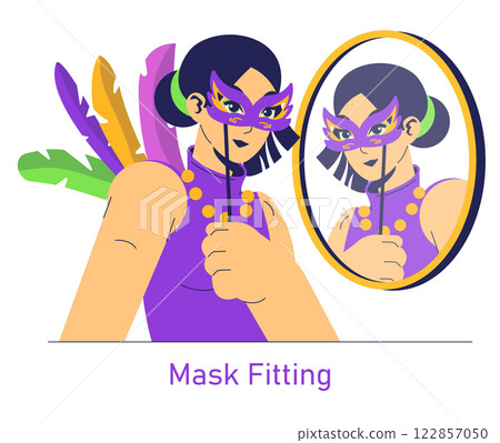 Mask Fitting concept. A person prepares for Mardi Gras festivities with a striking mask adorned with colorful feathers. The mirror reflects excitement and anticipation for the lively celebration 122857050