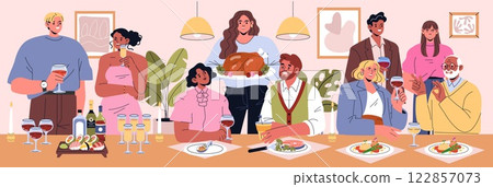 Dinner party illustration featuring a diverse group of friends enjoying a festive meal together. The scene captures laughter, food presentations, and drinks, embodying a warm, celebratory atmosphere 122857073