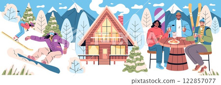 Winter vacation scene featuring skiing and cozy gatherings. Friends enjoy drinks outside a warm lodge after a day on the slopes, surrounded by snow-covered trees and mountains. Embrace the season's 122857077