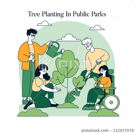 Tree planting in public parks fosters community engagement and environmental stewardship. Individuals of varied abilities participate in planting and nurturing trees, enhancing green spaces. This Tree planting in public parks fosters community engagement and environmental stewardship. Individuals of varied abilities participate in planting and nurturing trees, enhancing green spaces. This 122857078