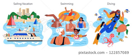 Beach Vacation concept. A delightful beach vacation experience featuring sailing, swimming, and diving activities. Enjoy fun in the sun, explore aquatic life, and relax on the water. Vector Beach Vacation concept. A delightful beach vacation experience featuring sailing, swimming, and diving activities. Enjoy fun in the sun, explore aquatic life, and relax on the water. Vector 122857089